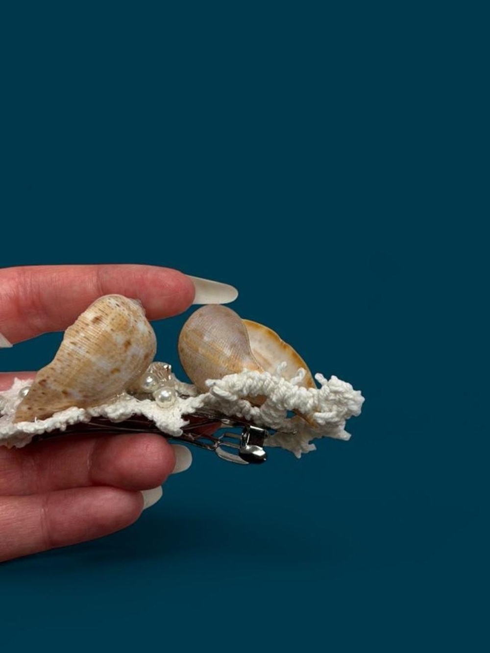 Seashell Hair Clip with Pearls, Beads, and Lace - Picture 3 of 6